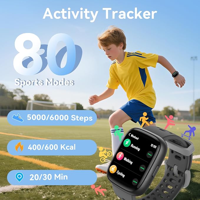 Smart Watch for Kids with Find My, 1.83" Fitness Tracker Watch No APP No Phone Needed, Pedometer, Heart Rate, Sleep Monitor, IP68, Puzzle Games for Girls Boys Teens 5-16, Gift, Black