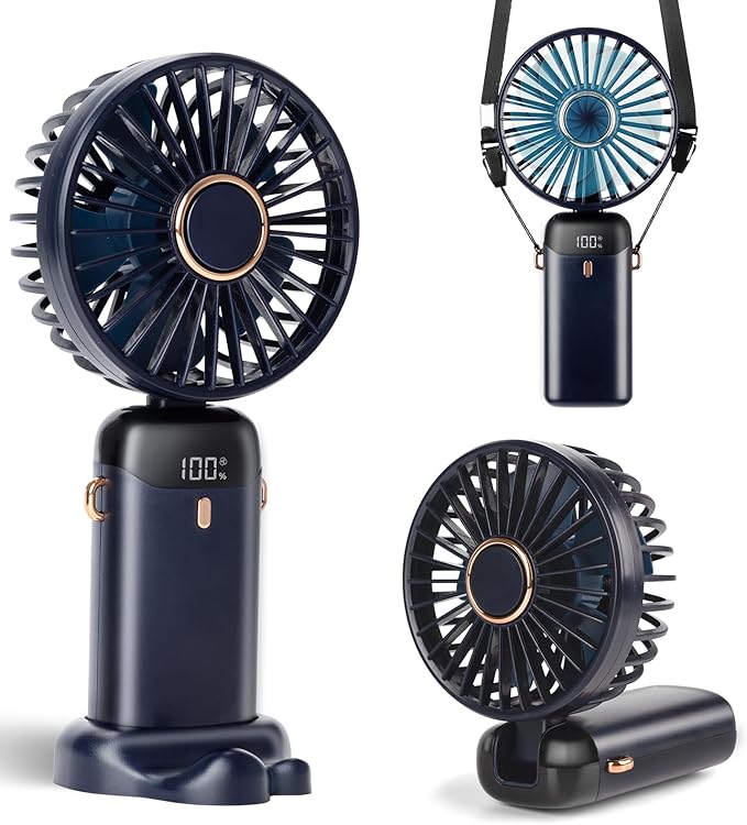Portable Handheld Fan, 12 hours, Upgrade 3200mAh Portable Fan with LED Display, 90° Foldable, 5 Speed Wind,Hand Held/Neck/Desk 3 in 1 Personal Small Fans, Makeup Fans for Women (Dark Blue)