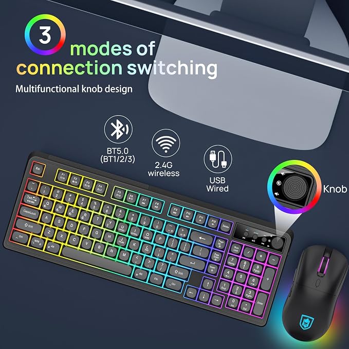 KOLMAX BT98 Wireless Keyboard and Mouse Combo,Triple Mode 2.4G/Wired/Bluetooth Gaming Keyboard and Mouse,Rechargeable Ergonomic RGB Backlit Light Up Keyboard Mouse with Knob for PC/Mac/Tablet