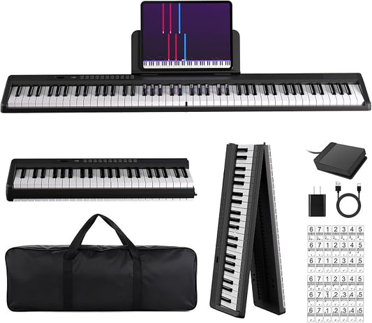MARVTOWN Portable Folding Piano Keyboard,88Keys Semi-Weighted Full Size,Foldable Digital Piano, Rechargeable Electric/Electronic Keyboard Piano w/MIDI Bluetooth&2 Speakers&Carry-case Beginners Gift