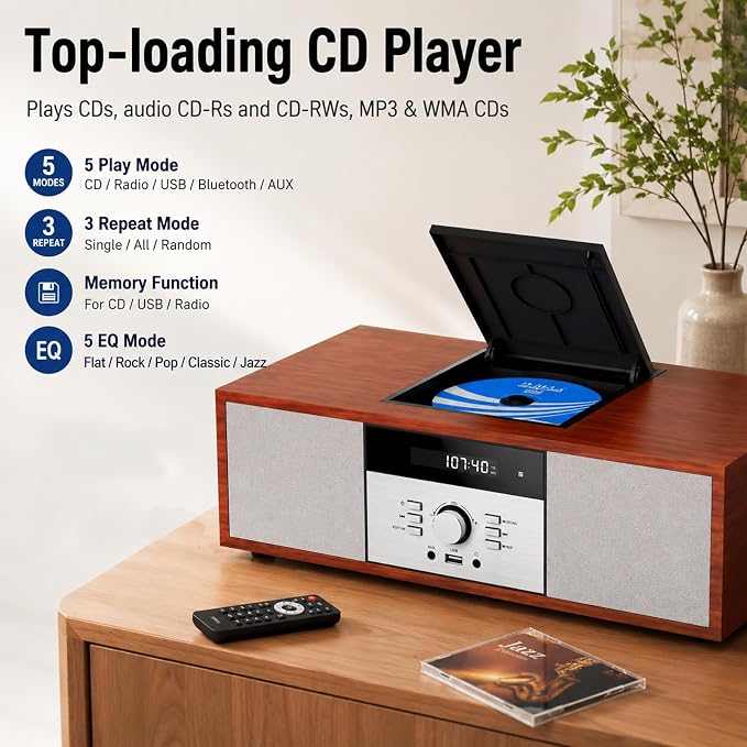 Nostalgic Bluetooth Stereo System for Home, WISCENT Vintage Micro HiFi Systems CD Player,with Bluetooth Audio Streaming,FM Radio,USB Port,Aux-in,Earphone Port (Brown)
