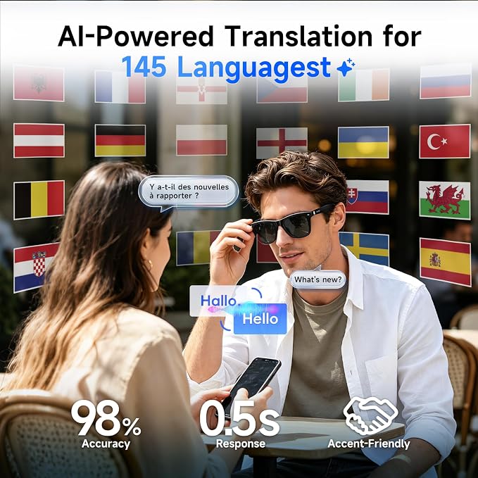 GetD 2026 AI Glasses for Men & Women, Smart Glasses Powered by ChatGPT, AI Real-time Translation with 145 Languages, 11H Music Play, Bluetooth Sunglasses with Polarized Lens, UV Protection for Travel