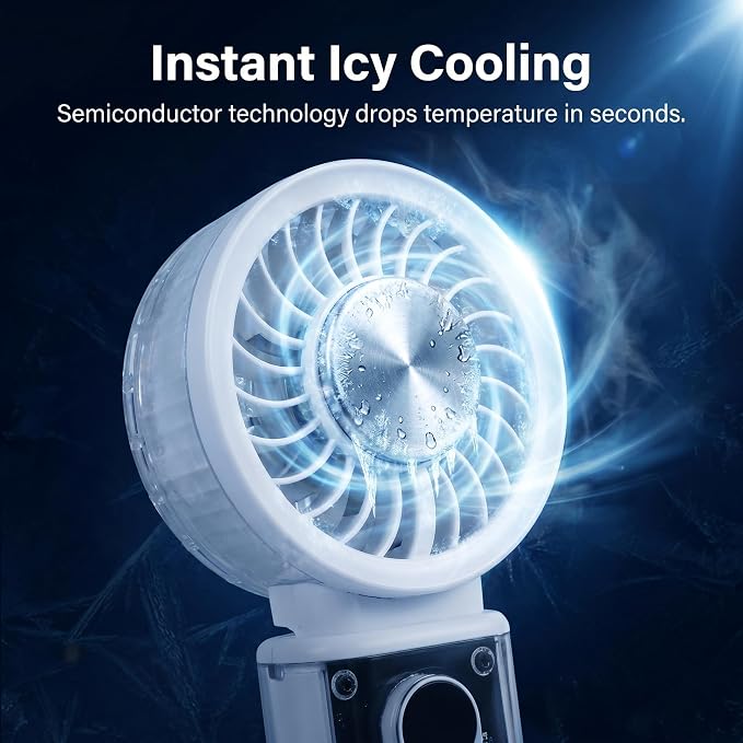 Portable Handheld Fan with Ice Cooler, 90° Flip Head, 3-in-1 Handheld Neck Desk Rechargeable Personal Fan,Up To 12H, 1-100 Speed 3600mAh 15000Rpm, for Travel Camping Home, Transparent, White