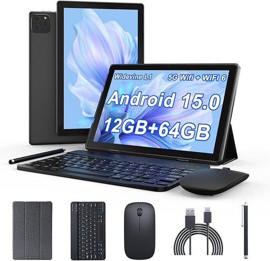 DIGITHINK Tablet Andriod 15 10 Inch 12 (3+9) GB RAM 64GB ROM 2TB Expand,1280 x 800 IPS Screen 5G WiFi 6 BT5.0 Dual Camera,2 in 1 Tablets with Keyboard Case Mouse Stylus 6000mAh Battery (Black)