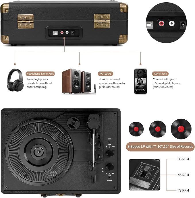 Vinyl Record Player Bluetooth Turntable 3-Speed Suitcase Portable Vintage Belt-Driven Record Player with Built-in Speakers RCA Line Out AUX in Headphone Jack LP Recording to Convert Records to MP3