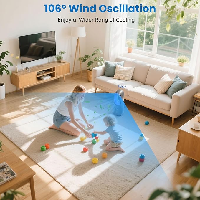 Desk Fan,13 Inch Portable Bladeless Fan, Small Quiet Office Fan with 106° Oscillating, 3 Speeds & Night light, LED Display, Button Control, Personal Table Fan for Bedroom, Office, Home, Study Room