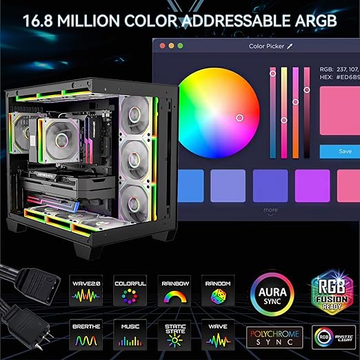 FB120-White 120mm Case Fan, Wireless Splicing/Daisy-Chain Design, Infinity Mirror 16.8M Colors ARGB PC Fan with PWM Speed Control, High Airflow, Quiet Cooling for PC Cases, CPU Liquid Coolers