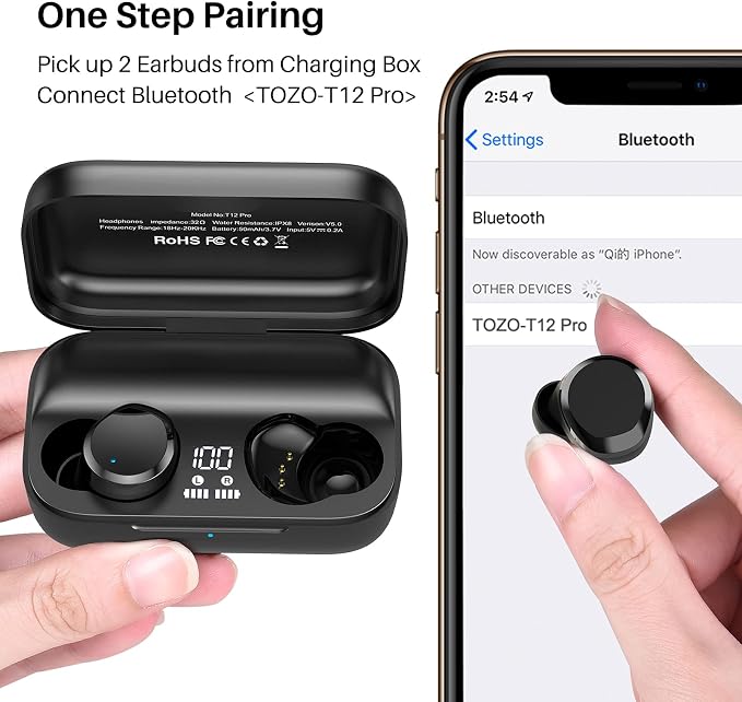 TOZO T12 Pro Wireless Earbuds Bluetooth Headphones with Qualcomm QCC3040 4 Mics CVC 8.0 Call Noise Cancelling and aptX Stereo Headset 2500mAh Wireless Charging Case IPX8 Waterproof Earphones Black