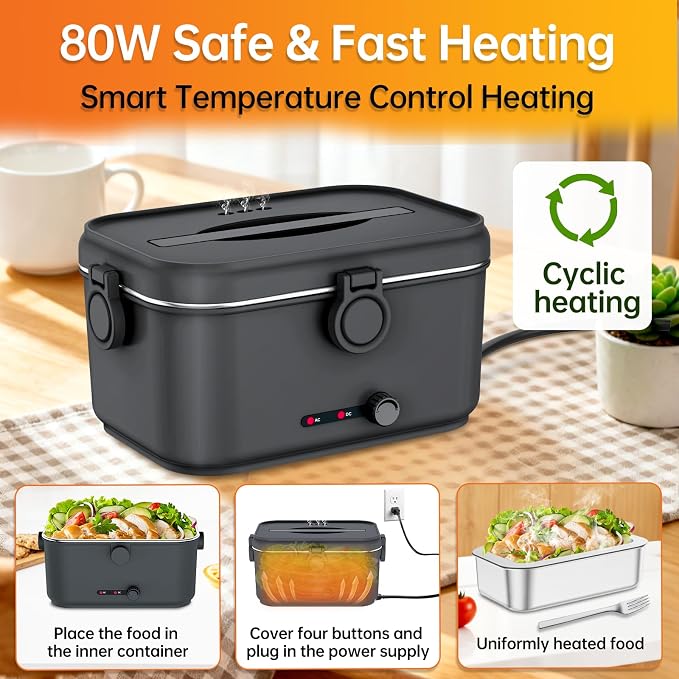 Heated Electric Lunch Box for Adults, 80W Portable Food Warmer with 1.8L Stainless Steel Container, Utensils, Carry Bag & Leakproof Lid, 12V/24V Car/Truck & 110/120V Home/Office (Black)