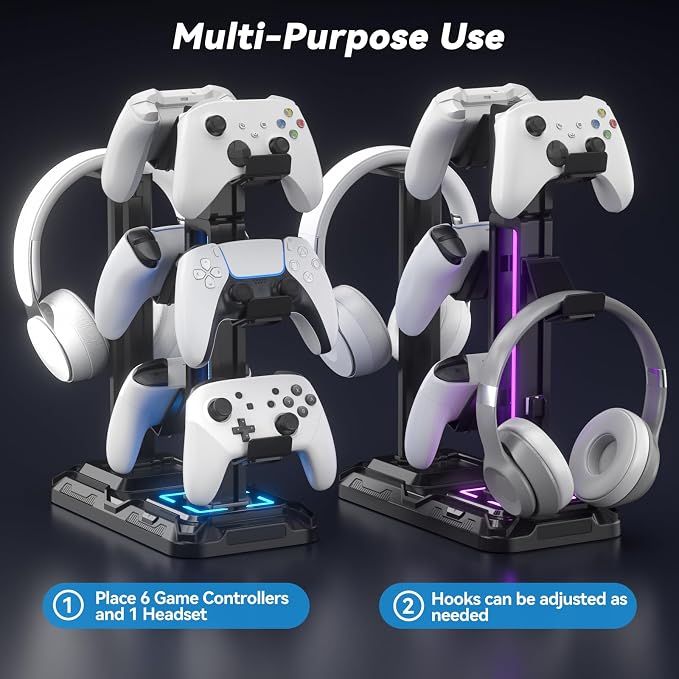 KDD RGB Multi-Controller Holder with 9 Light Modes & Headphone Stand with Charger Port and Multifunctional Storage