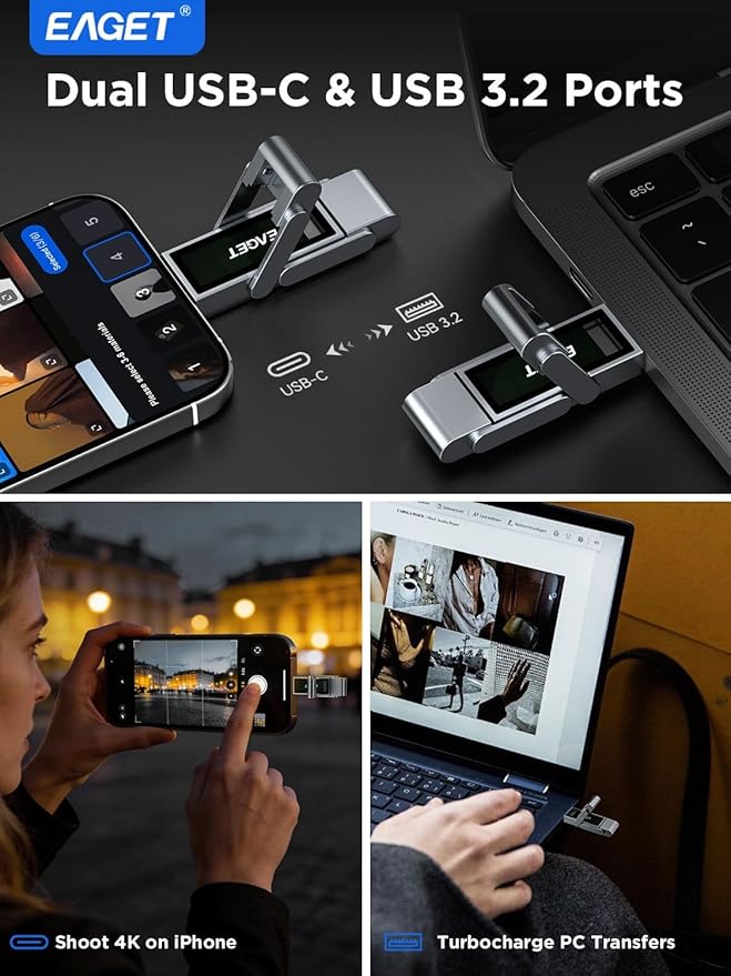 EAGET 128GB Flash Drive, USB-C Dual-Port Solid State Drive with USB 3.2, 560MB/s High-Speed Thumb Drive for iPhone 15/16/17 Pro, Android, Mac, PC, PS5 – Durable Metal Body & Portable SSD