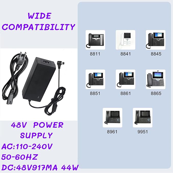 48V Power Adapters with Power Cord Compatible with Cisco Phone 8800, 9900 Series, Compatible with 8811, 8841, 8845, 8851, 8861, 8865, 8961, 9971, 9951.48V 917mA Power Adapters Replace Parts