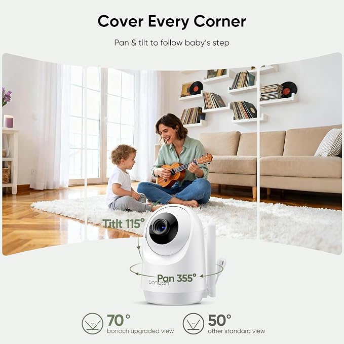 bonoch 2026 Upgraded V2.0 Baby Monitor No WiFi, 7" 1080P MegaView Video Monitor with Camera and Audio, Sleep/Crying/Motion Detection, 6000mAh Battery, VOX Mode, Night Vision, Hack Proof, White Noise