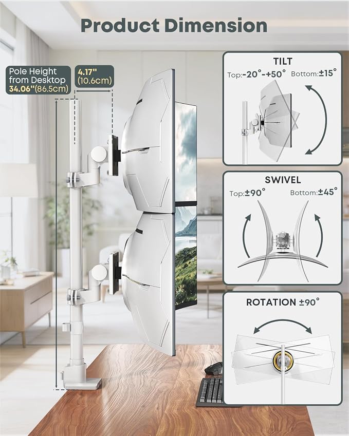 Dual Monitor-Arm Heavy Duty Ultrawide - 24-57 inch Vertical Dual Monitor Mount, Adjustable Stacked Double Monitor Desk Mount Stand, Max Load 59.4 lbs (per Arm), VESA 75/100 mm, White