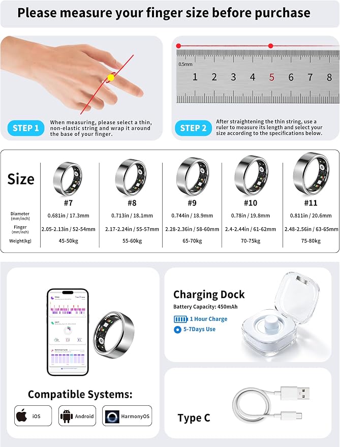 Smart Ring for Women Men Fitness Tracker Heart Rate Sleep Trends 128 Sports Modes Gesture Control Cycle Tracking IP68 Waterproof No Subscription Compatible with iPhone Android (Silver, Size 7)