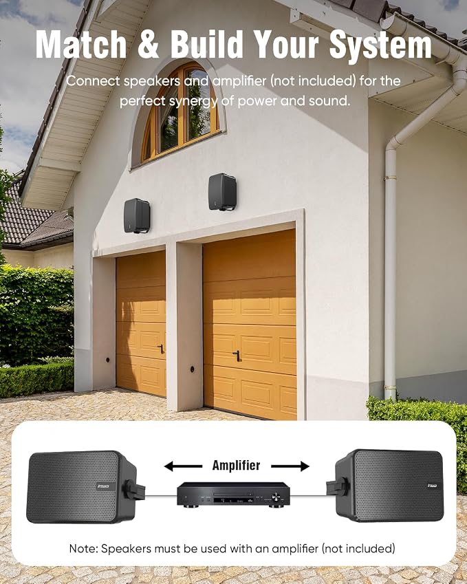 Inwa 6.5" Outdoor Passive Speakers, 50W Each Weatherproof Wall Mount Speaker, Wired PA System with Full-Range Sound, Includes Brackets for Pool, Patio, Garage & Indoor Use (Pair, Black)