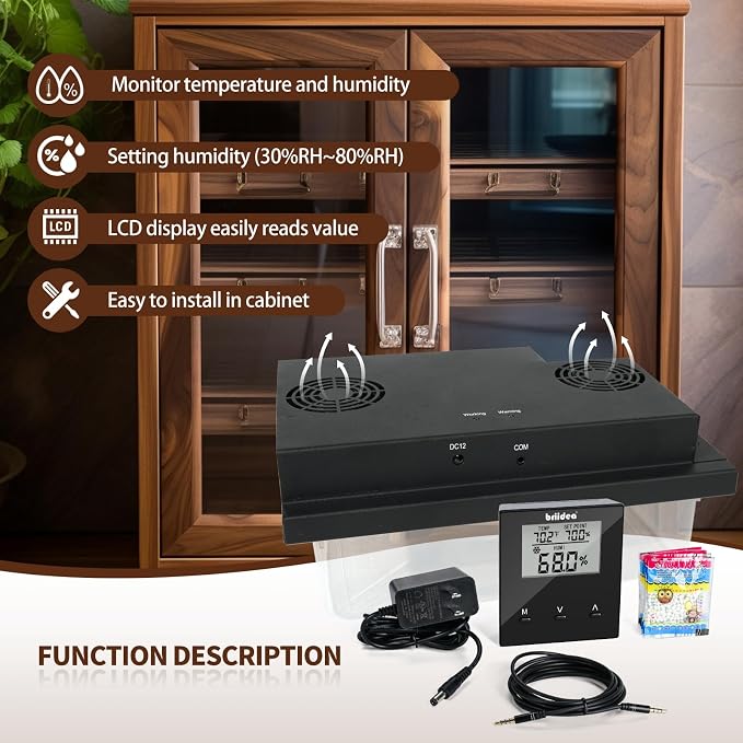 Briidea Electric Cabinet Humidifier, 30–80% RH Settings, Precise Temperature & Humidity Monitoring, Fits 10–20 Cu. Ft. Cabinets, 12V Adapter Powered