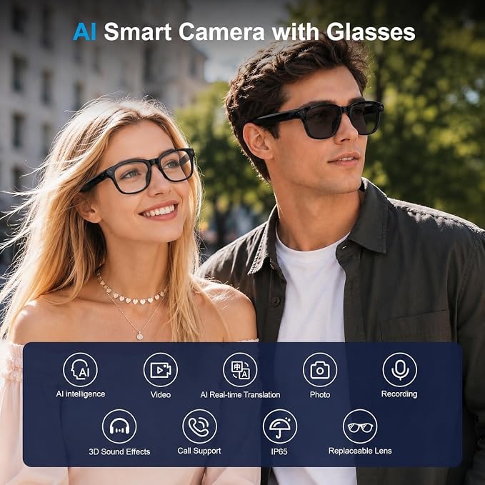 AI Smart Glasses with 8MP Camera, 4K Video, Photo Capture, Real-Time Translation, Recording, AI Assistant, Open-Ear Audio, Bluetooth, Object Recognition, Replaceable Sunglasses Lenses for Men Women