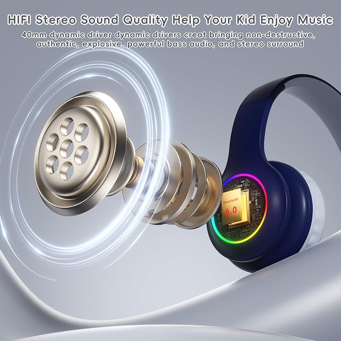 Candy Bila Kids Bluetooth 6.0 Headphones with LED Light, 85Hours Playtimes, Type-C Fast Charging, 85/94dB Volume Limited, Comfort Wireless Headphones with Built-in Mic, Wired & TF Card Mode, Navy Blue