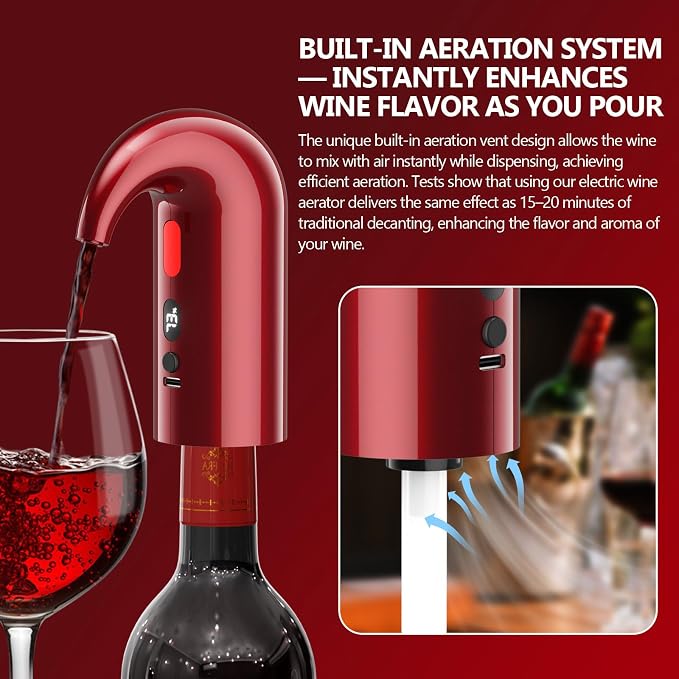 Fathers Day Gift Electric Wine Aerator & Dispenser – 1-Touch Instant Aeration, Precision Pouring & Temp Display – USB Rechargeable Gift Edition for Parties, Holidays & Wine Lovers (Red)