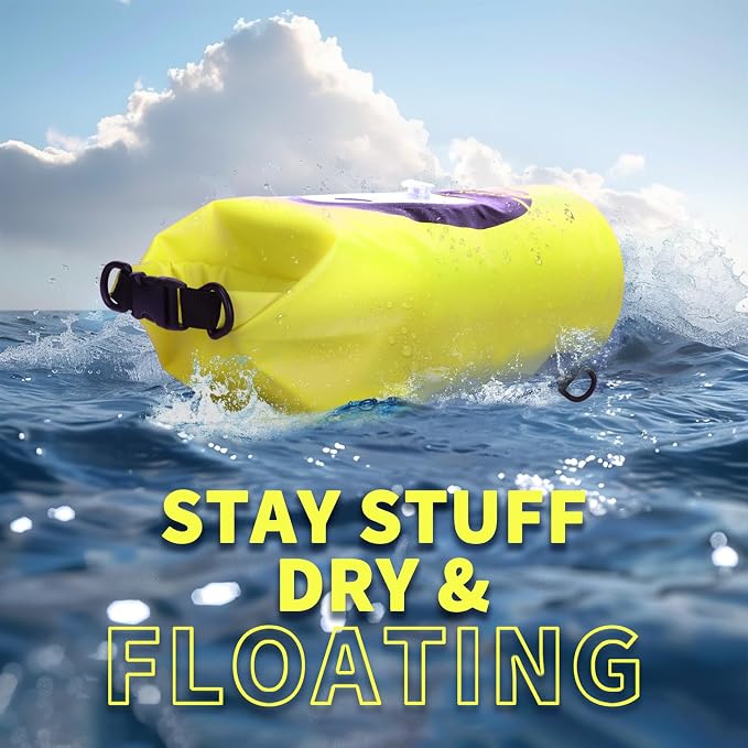 FELICON Waterproof Dry Bag Backpack with Bluetooth Speaker, 10L Roll Top Floating Sack, Solar & USB-C Powered Emergency Charger, RGB Light, Heavy Duty PVC for Kayaking Camping, Neon Yellow