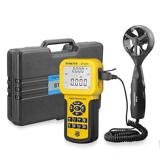 BTMETER Por CFM Anemometer - Wind Gauge w/600 Set Data Storage Export to PC | Airflow Velocity Meter Handheld Measure Wind Speed Flow Temp for HVAC, 0.1~100 mph, Vane Sensor Backlight MAX MIN AVG BT-846A