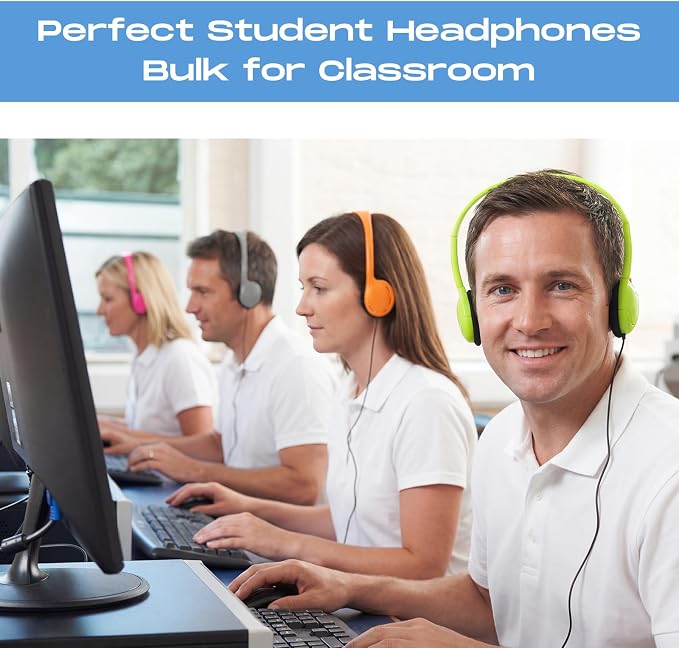 Yunsailing 30 Pack Bulk Over Ear Headphones Set On Ear Headsets Earphones with Adjustable Headband and 3.5mm Plug for Group Learning, Computer Lab, Library, Online Lesson (Macaron Color)