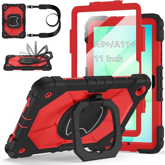 Case for Samsung Galaxy Tab A11+ Plus/A9+ 11 Inch 2025/2023,Ubearkk Case for Samsung Galaxy A9 Plus/A11+ Tablet case with Screen Protector 360 Rotating Stand Shoulder Strap Pen Holder,Black Red