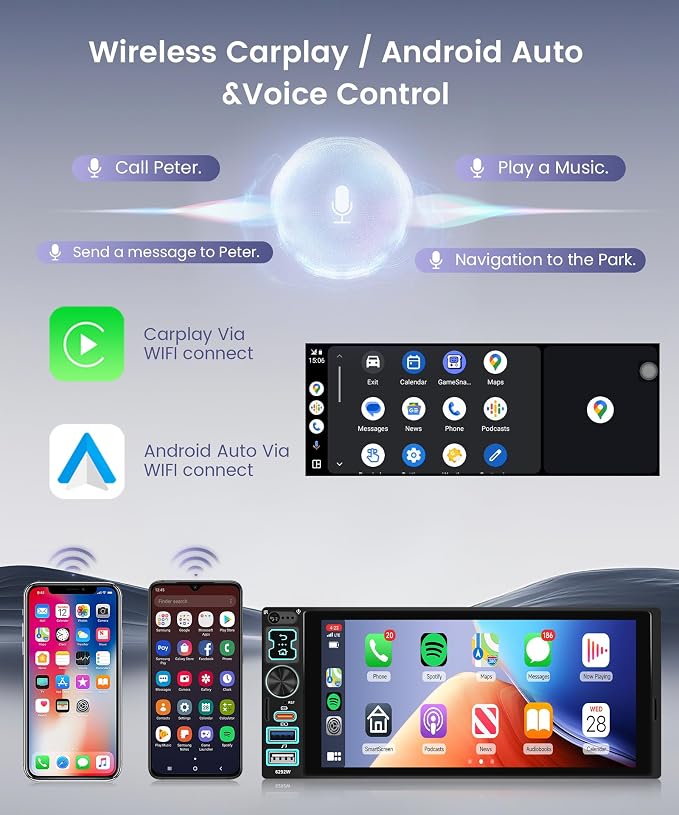 6.8" IPS Touch Screen Single Din Car Stereo, Wireless CarPlay Android Auto, Bluetooth 5.2 Handsfree Call, FM Radio EQ, Backup Camera, SWC, USB & Type-C