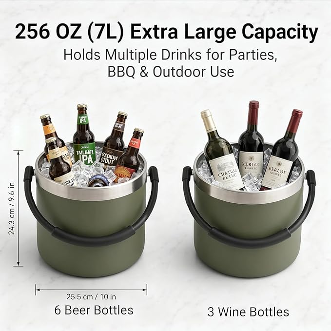 256 oz / 7L Insulated Ice Bucket with Lid and Handle, Stainless Steel Beverage Bucket for Beer, Wine & Champagne, Double Wall Vacuum Cooler for Parties, Patio & Outdoor Entertaining