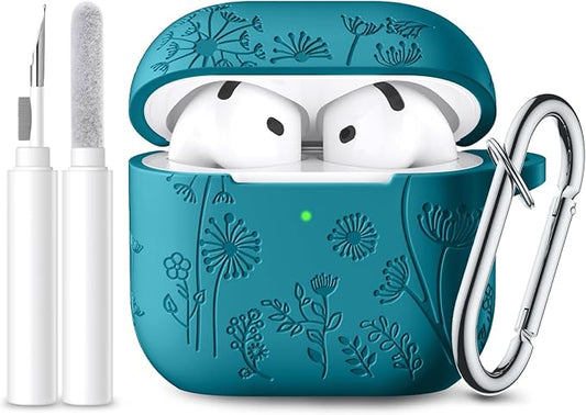 Lerobo for Airpods 4 Case Cover,Flower Engraved Silicone Full Protective Cover with Cleaner Kit & Keychain Compatible with Apple Airpods 4 Case 2024, Verdant Blue