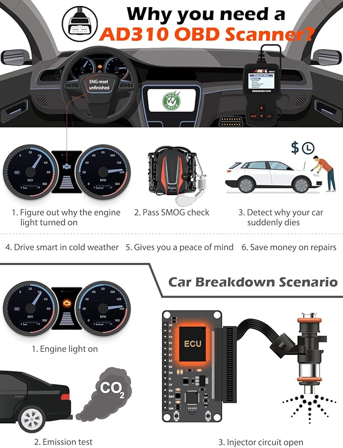 ANCEL BST500 Car Battery Tester with Printer and ANCEL AD310 Classic Enhanced Universal OBD II Scanner Car Engine Fault Code Reader