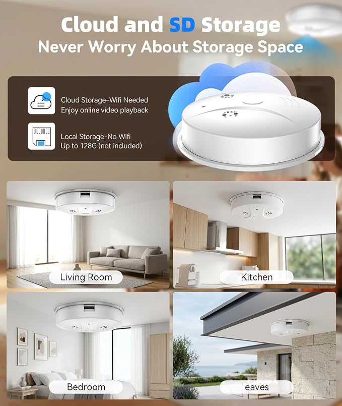 1080P HD Wireless WiFi Camera Smoke Detector for Home Security with App Control, Motion Detection, 150° Indoor Camera with Night Vision & Loop Recording for Office/Garage/Shop/Pet,User-Friendly