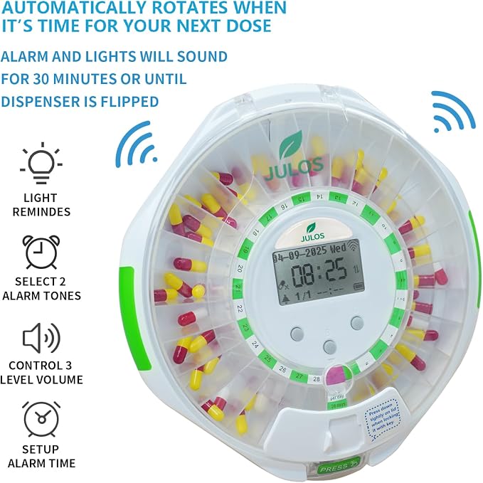 WiFi Automatic Pill Dispenser with Remote App Monitoring for Elderly - Up to 9 Alarms/Day, Locked 28-Day Medication Organizer with Sound Light Reminders for Vitamins, Prescriptions, Supplements