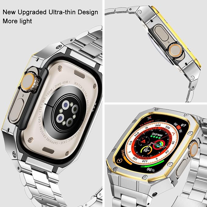 BAITEYOU Stainless Steel Watch Band with Case Compatible with Apple Watch Ultra 3 2 1 band (49mm), Rugged Strap with Metal Protective Bumper Cover for iWatch Bands Men (Silver/Gold)
