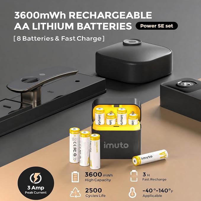 imuto 3600mWh Rechargeable AA Lithium Batteries with Charger, 1.5V 3A Output aa Batteries, 2500+ Cycles, 8 Pack with 4-Slot Fast Charging Case with LED Display for Blink Outdoor Cameras & Toys
