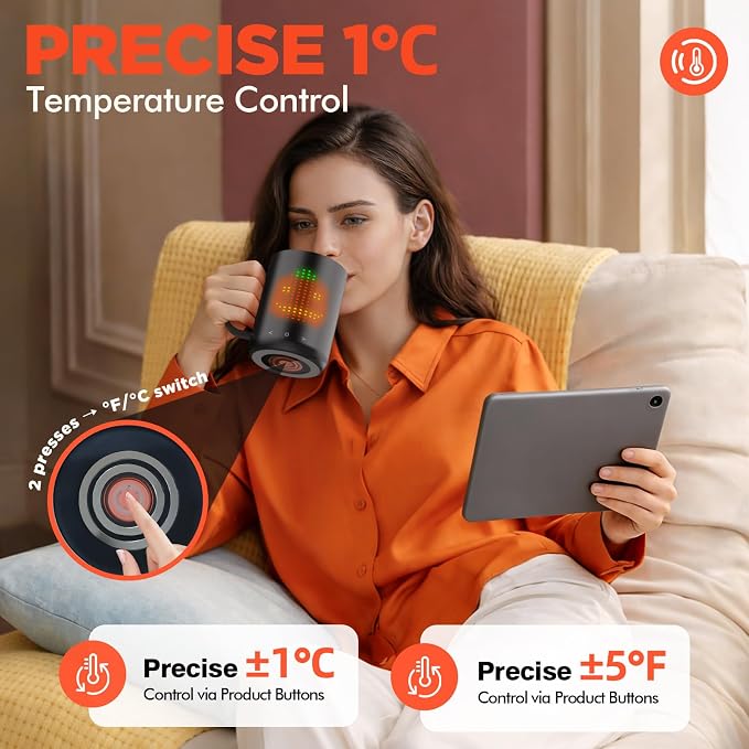 Self Heating Coffee Mug 14oz Smart Mug, App-Controlled Cordless Coffee Mug Warmer with DIY Pattern, Fast Heating-Up to 149℉ Smart Coffee Mug Warmer for Coffee|Tea|Milk&More, Gifts for Men Women