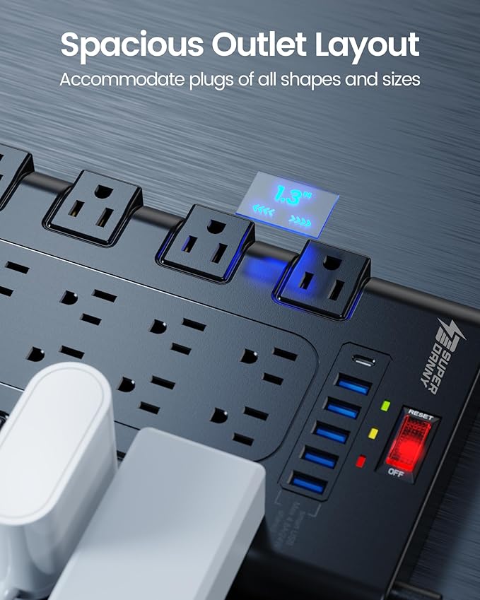 Flat Plug Power Strip 10Ft, SUPERDANNY Surge Protector with 22 AC Outlets and 6 USB Charging Ports, 1875W/15A, 2100 Joules, Heavy Duty Extension Cord 10 ft for Home, Office, Dorm, Gaming Room, Black