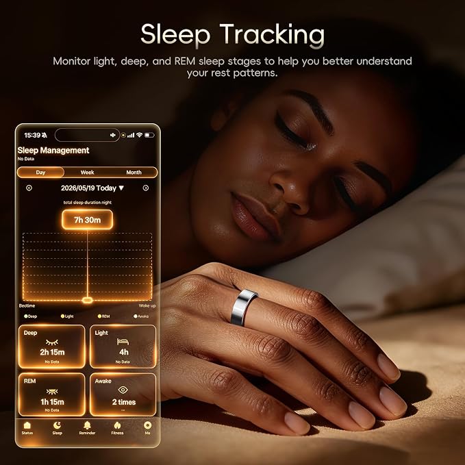 RQZ Smart Ring Fitness Tracker for Men Women, Sleep & Heart Rate Monitor, Step Counter with Vibration Alert, 5 ATM Waterproof, Compatible with iOS & Android Silver Size 13
