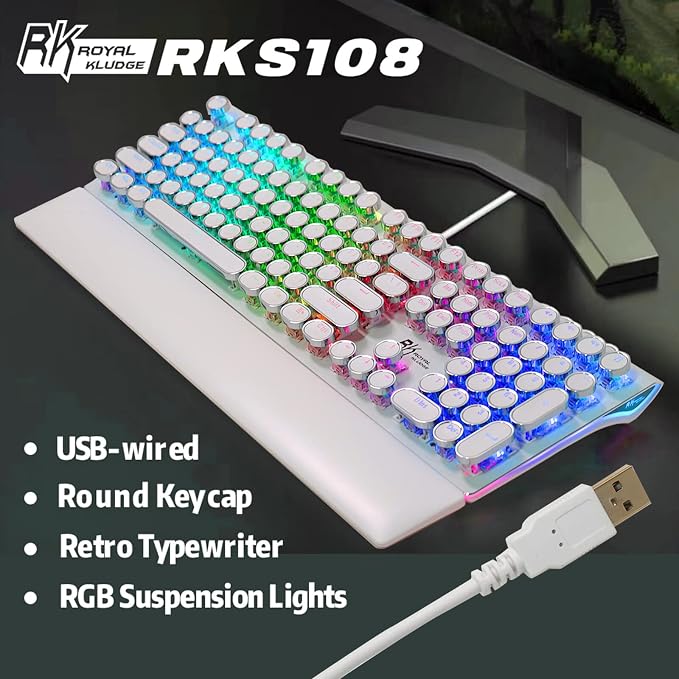 RK ROYAL KLUDGE S108 Typewriter Mechanical Keyboard, Full RGB Gaming Keyboard, Wired PC Game Keyboards with Detachable Wrist Rest and Number Pad, Retro Round Keycaps, Brown Switch White