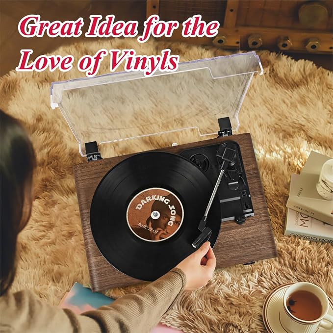 Vinyl Record Player with Speakers,3 Speed Turntable with Bluetooth, Aux, Headphone Jack, RCA Output and Auto Stop,Mirror Vintage Wooden Walnut
