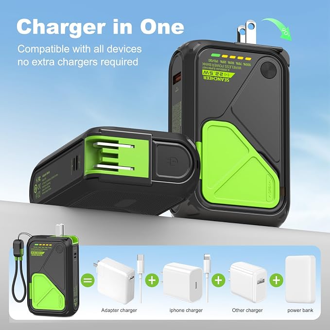 P05 Magnetic Portable Charger, 20000mAh Wireless Power Bank with AC Wall Plug Built in Cable, 6-in-1 Power Bank Travel Essentials 22.5W Fast Charging for iPhone,Samsung,Andriod,Small Portable Charger