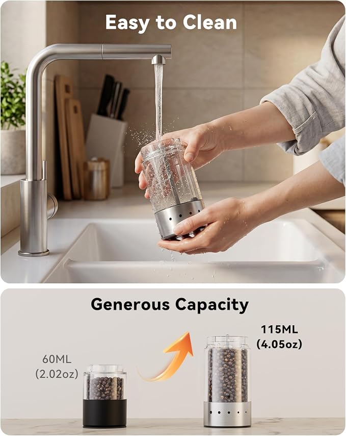 TOMEEM Rechargeable Electric Salt and Pepper Grinder Set, 115ml Large Capacity Stainless Steel Automatic Pepper Mill with Storage Base, LED Display and Light