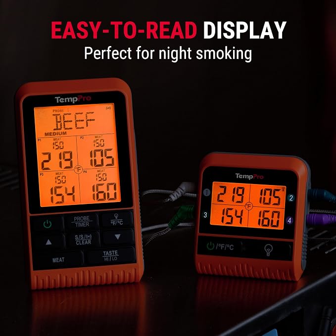 TempPro TP829 1000ft Wireless Meat Thermometer Digital for Grilling and Smoking, 4 Meat Probes Grill Thermometer for Outside Grill, Thermometer Cooking Gift for Dad Him Husband (Previously ThermoPro)