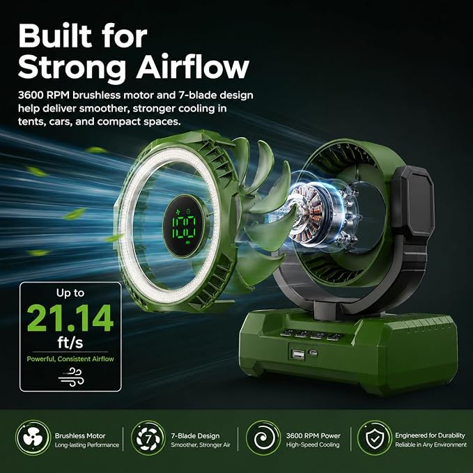 3-in-1 Portable Camping Fan, Auto-Oscillating 20000mAh Rechargeable Fan with Light, 1-100 Speed, 12H Timer, Display, Cordless Battery Powered Fan for Indoor, Outdoor, Travel, Fishing, Tent, Bedroom