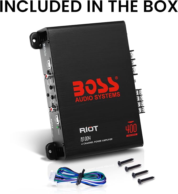 BOSS Audio Systems R1004 Riot Series 4 Channel Class A/B Car Amplifier - 400 High Output, IC (Integrated Circuit), Hook Up to Subwoofer for Bass