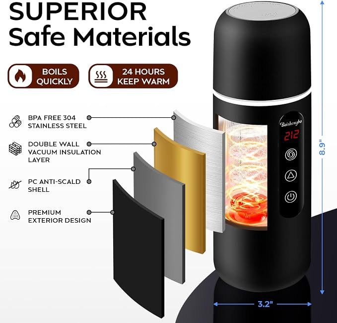 Electric Travel Kettle,12V/24V Car Coffee Warmer Kettle,Portable Hot Water Boiler,Small Hot Water Heater with Built-in Magnetic Induction Stirring