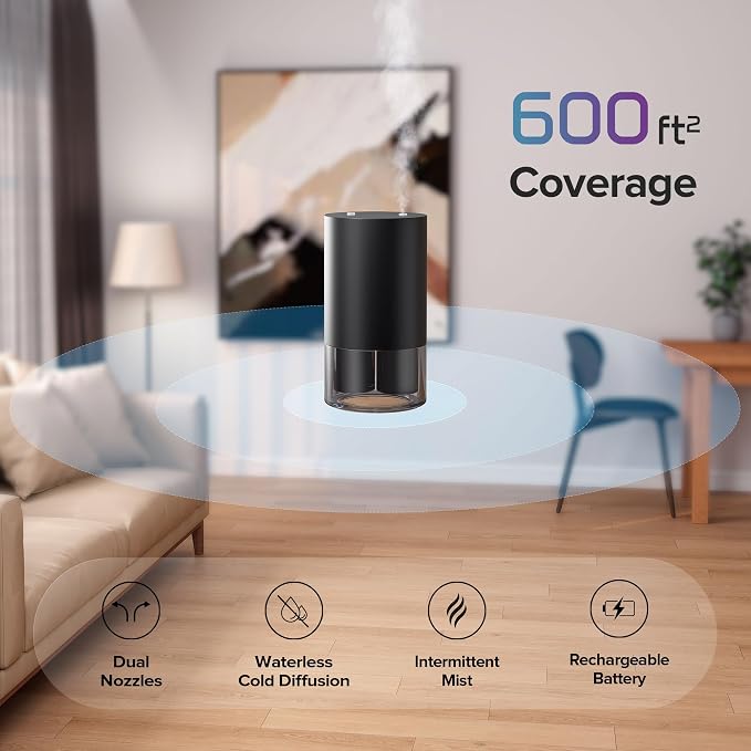 Airversa Dual-Nozzle Waterless Essential Oil Diffuser for Home Rechargeable Scent Diffusers with 5 Timer Settings, 4 Mist Levels with Vehicle Mode for Car Room Studio Office, Mint Metal