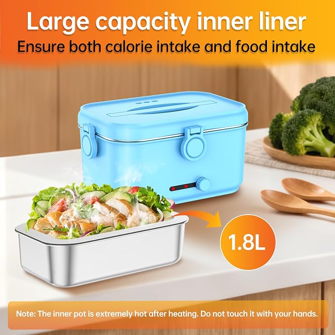 Heated Electric Lunch Box for Adults, 80W Portable Food Warmer with 1.8L Stainless Steel Container, Utensils, Carry Bag & Leakproof Lid, 12V/24V Car/Truck & 110/120V Home/Office (Light Blue)