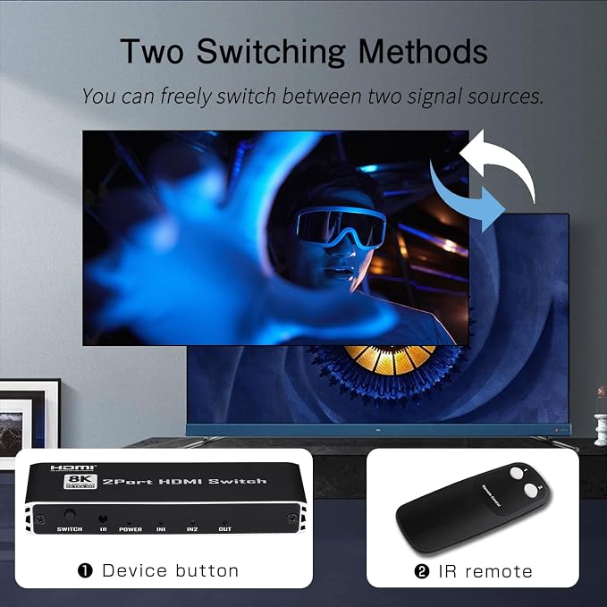 Enbuer 8K HDMI 2.1 Switch, HDMI 2.1 Switcher 2 in 1 Out, Supports 8K@60Hz, 4K@144Hz, 4K@120Hz, 1080P@240Hz, HDCP 2.3, HDR, 3D, Dolby Compatible with PS5 Xbox Blu-Ray Player etc